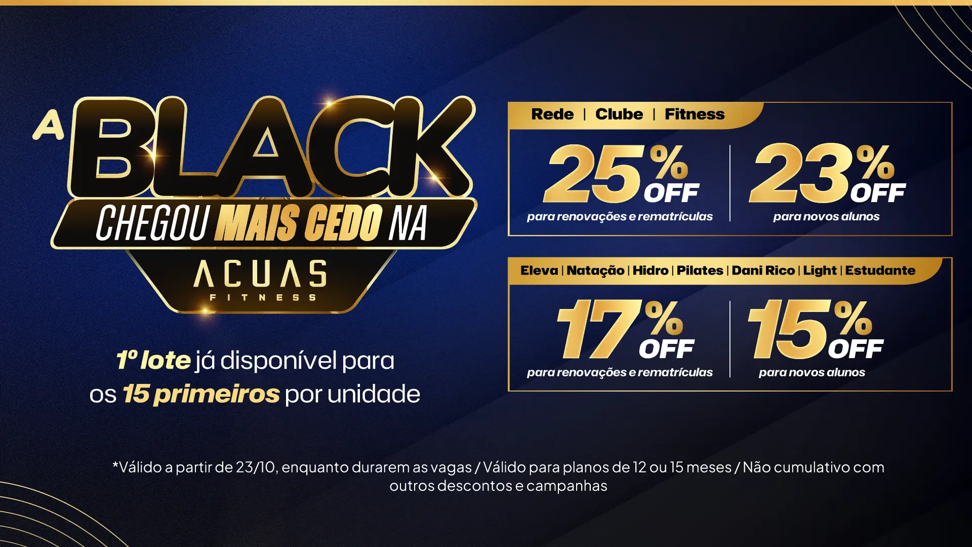 Pré-Black Acuas: Rede, Clube e Fitness com 25% OFF para renovações e rematrículas, 23% para novos alunos. Demais modalidades com 17% e 15% OFF. Primeiro lote: 15 por unidade.