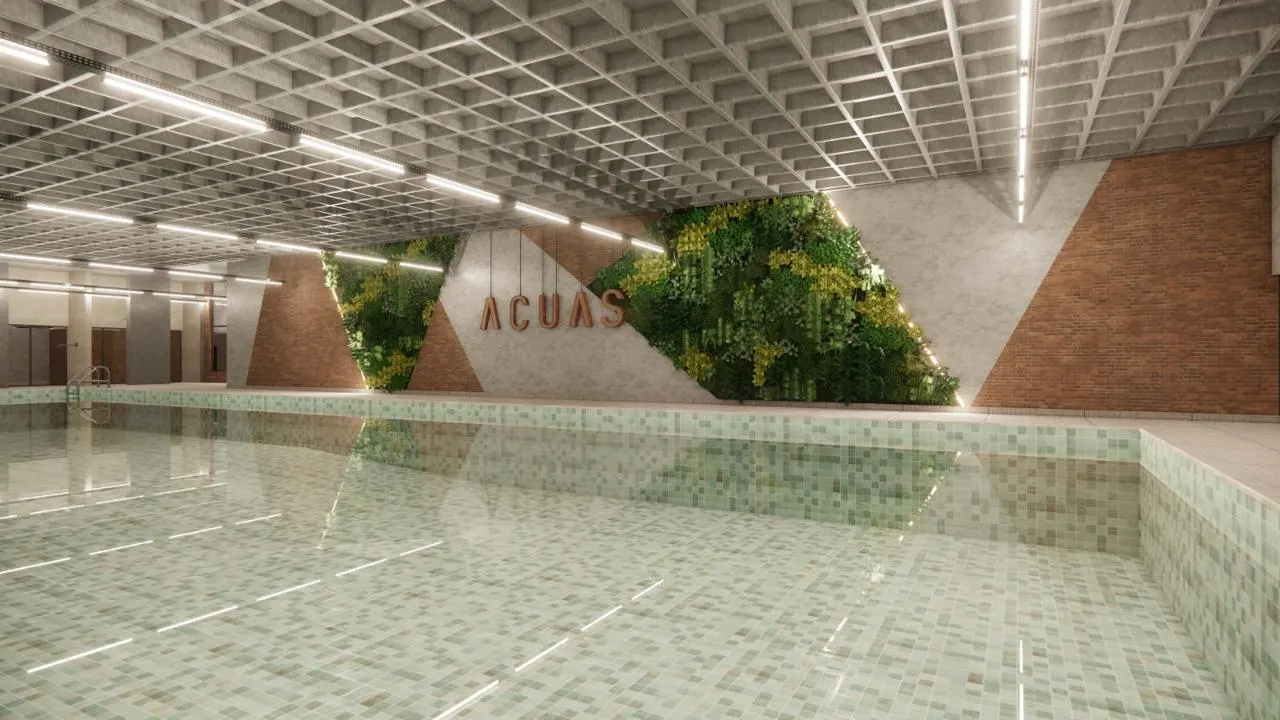 Piscina com jardim vertical e letreiro Acuas na nova unidade